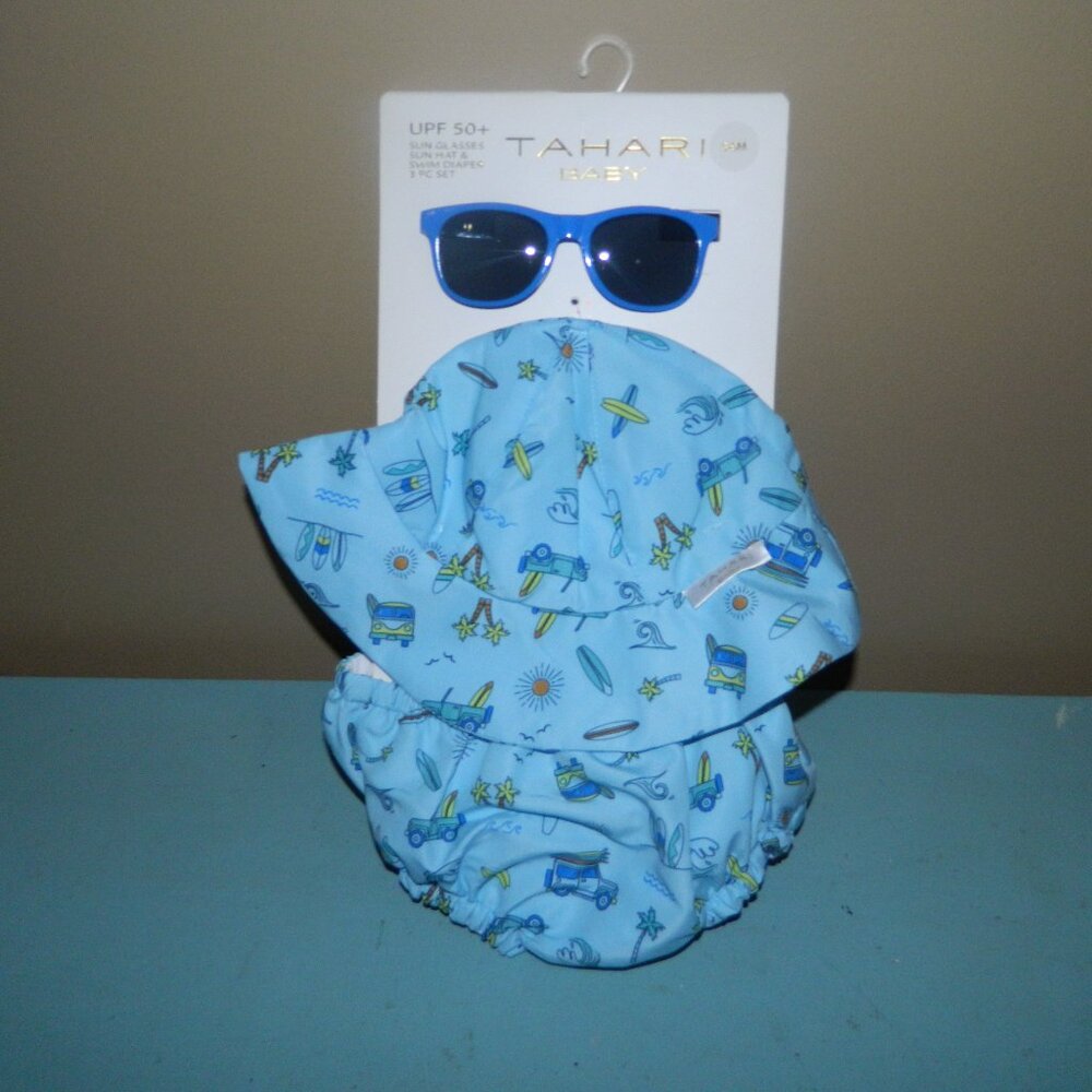 Tahari Baby 3 pc Swim Set Sun Glasses, Sun Hat, Swim Diaper 3-6 mths (VV-26)